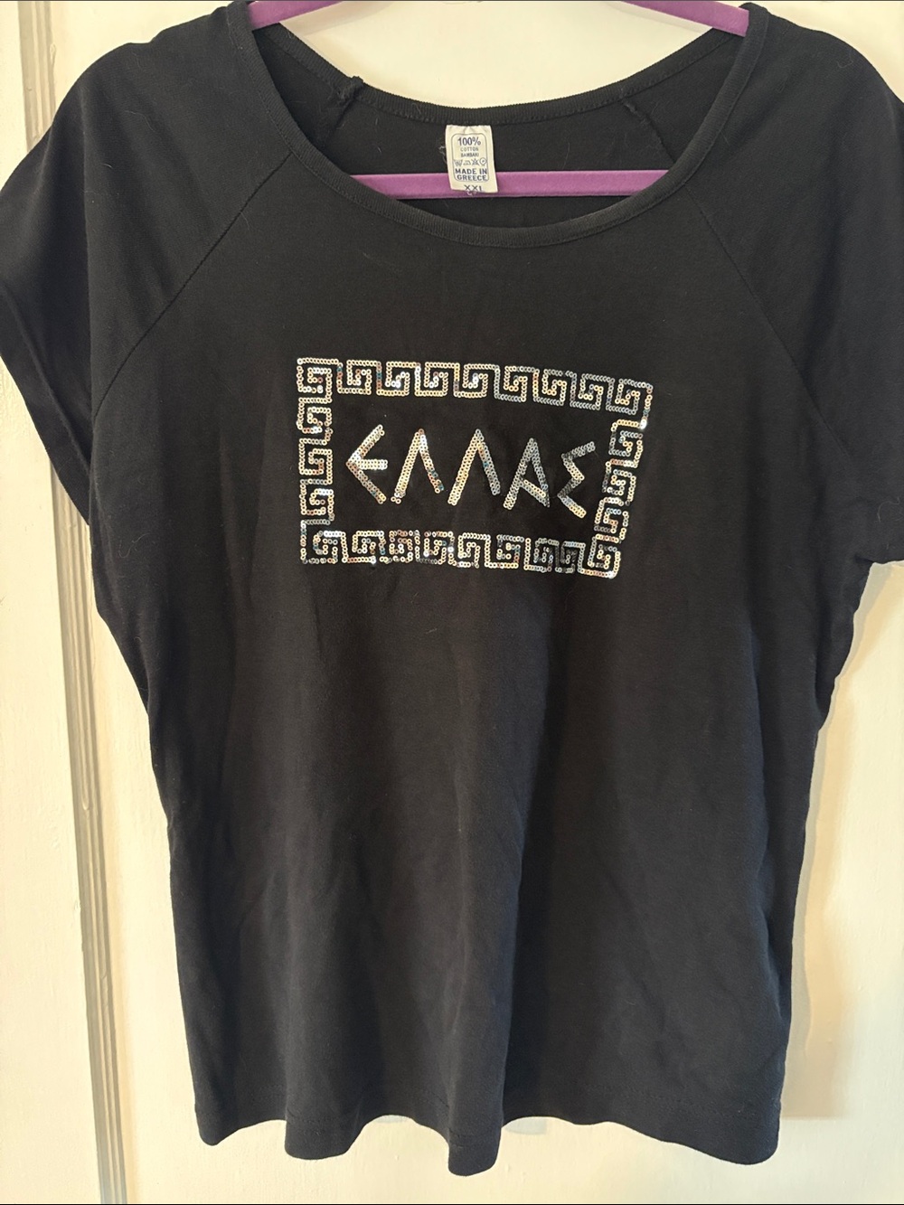 Greek Womens Tee with Sequined letters/design and motif -